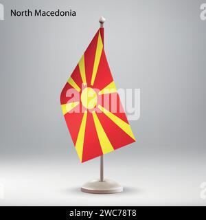 Bandiera della Macedonia del Nord appesa a un banco di bandiera. Utilizzabile per riunioni o conferenze Illustrazione Vettoriale