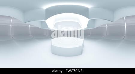 Una stanza con pareti bianche e un soffitto bianco e uno stand di prodotto 360 mappa di ambiente vr panoramica illustrazione di rendering 3D. Foto Stock