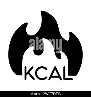 Icona solida del vettore di fuoco kcal. Calorie bruciate, segni di bruciatura dei grassi. Simbolo grafico per la progettazione di siti Web e app per la perdita di peso e fitness, logo, app, interfaccia utente Illustrazione Vettoriale
