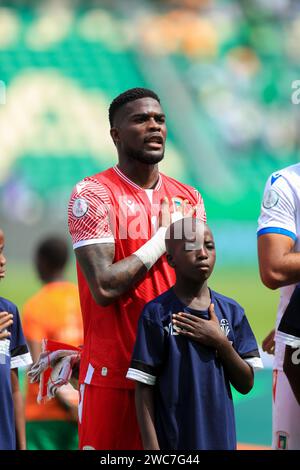 Abidjan, Nigeria. 14 gennaio 2024. Nigeria contro Guinea equitoriale. Coppa d'Africa AFCON 2023. Jesus Ngua. Victor modo Foto Stock