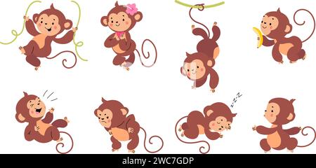 Cartoni animati scimmia. Scimmie esotiche pose ed emozioni diverse. Animali selvatici tropicali, divertenti primati isolati. Set vettoriale di animali della foresta pluviale Illustrazione Vettoriale