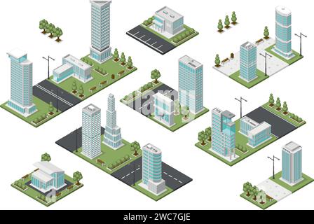 Moduli città isometrici. Sobborghi moderni, piano di costruzione urbano. Vari quartieri con parchi e zone pubbliche, progetti di architettura vettoriale impeccabile Illustrazione Vettoriale