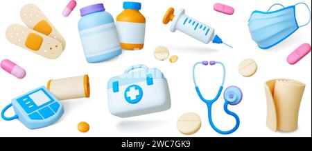 icone mediche 3d. Strumenti isolati di ambulanza ospedaliera, pillole e farmaci. Medicina della plasticina ed elementi della farmacia, set realistico vettoriale pido Illustrazione Vettoriale