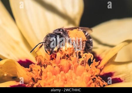 Vista frontale di una piccola ape sudore metallizzata scura autoctona Halictus con grandi cesti di polline e addome a strisce che impollina e si nutre di un fiore. Foto Stock