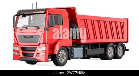 Dumper ribaltabile rosso, dumper ribaltabile. Rendering 3D isolato su sfondo bianco Foto Stock