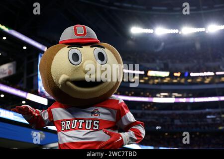 Brutus, mascotte dello stato dell'Ohio al Cotton Bowl tra i Missouri Tigers e gli Ohio State Buckeyes all'AT&T Stadium di Arlington, Texas, il 29 dicembre 2023. Il Missouri sconfisse l'Ohio State 14-3. (Matt Patterson / immagine dello sport) Foto Stock