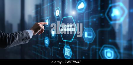 Pulsante di visualizzazione virtuale: Consapevolezza della sicurezza concetto di business, tecnologia, Internet e rete Foto Stock