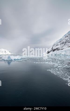 Porto di Neko, Antartide, vista del porto e della costa, piccoli iceberg, montagna innevata, ghiaccio ghiacciai, distacco dei ghiacciai, Foto Stock