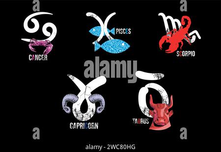 T-shirt con cinque segni zodiacali e illustrazioni su sfondo nero. Segni di cancro, pesci, scorpione, capricorno e taurus. Illustrazione Vettoriale