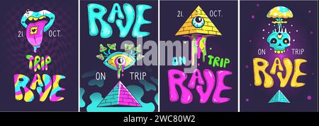 Festa psichedelica rave. Volantino gratuito per la musica di viaggio, adesivi di tendenza dai colori aciditi con la testa del sorriso, modello creativo di banner techno hippie trippy, illustrazione vettoriale di classe stile anni '80 Illustrazione Vettoriale