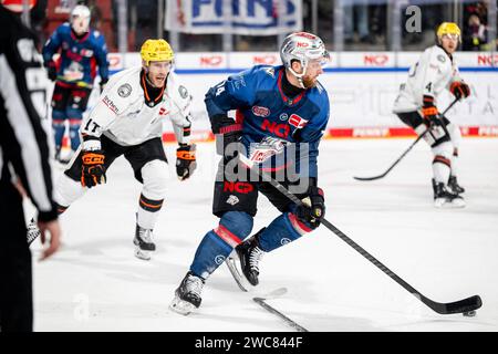 14.01.2024 --- Eishockey --- Saison 2023 2024 --- Penny DEL --- Nürnberg Ice Tigers Icetigers - Löwen Frankfurt -- foto: Sport-/Pressefoto Wolfgang Zink / ThHa --- xthxhax --- Dane Fox 74, Nürnberg Ice Tigers, Nuernberg Ice Tigers Carter Rowney 17, Löwen Frankfurt, Loewen Frankfurt Nürnberg Ice Tigers Icetigers - Löwen Frankfurt *** 14 01 2024 Ice Hockey Season 2023 2024 Penny DEL Norimberga Ice Tigers Icetigers Löwen Frankfurt Photo Sport Pressefoto Wolfgang Zink ThHa xthxhax Dane Fox 74, Norimberga Ice Tigers, Nuernberg Ice Tigers Carter Rowney 17, Löwen Frankfurt, Loewen Frankfurt Nurember Foto Stock