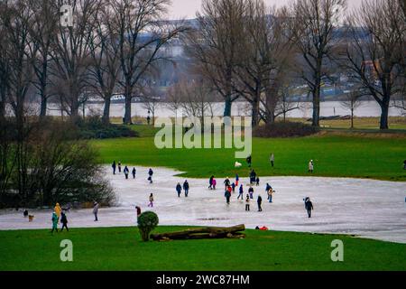 Die Rheinwiesen bei Düsseldorf-Niederkassel, Eisflächen nach Hochwasser, durch aufgestiegenes Grundwasser hinter dem Rheindeich, Wintervergnügen, Eislaufen, NRW, Deutschland, gefrorene Rheinwiesen *** i prati del Reno vicino a Düsseldorf Niederkassel, piste di ghiaccio dopo le inondazioni, a causa dell'innalzamento delle acque sotterranee dietro la diga del Reno, divertimento invernale, pattinaggio su ghiaccio, NRW, Germania, prati ghiacciati del Reno Foto Stock