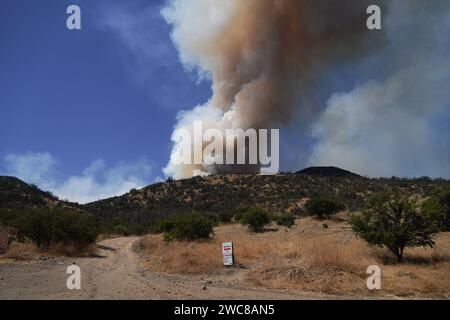 Santiago, metropolitana, Cile. 14 gennaio 2024. Un incendio boschivo consuma una collina a Santiago, Cile. (Immagine di credito: © Matias Basualdo/ZUMA Press Wire) SOLO USO EDITORIALE! Non per USO commerciale! Foto Stock