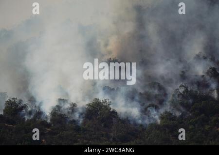 Santiago, metropolitana, Cile. 14 gennaio 2024. Un incendio boschivo consuma una collina a Santiago, Cile. (Immagine di credito: © Matias Basualdo/ZUMA Press Wire) SOLO USO EDITORIALE! Non per USO commerciale! Foto Stock