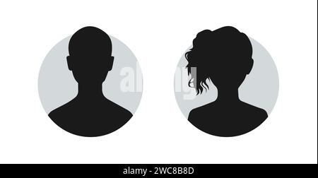 Silhouette con icona maschile femminile avatar. Profilo testa utente volto persona anonima ritratto illustrazione. Icona cerchio avatar icona vettore. Illustrazione Vettoriale