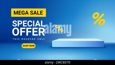 Sfondo promozionale Mega sale podio a colori scontati. Modello di super offerta con sconto speciale per banner di vendita. Illustrazione Vettoriale