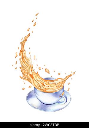 Illustrazione ad acquerello di una tazza bianca con spruzzi di liquido dorato simile a tè, succo di frutta, olio. Disegno di una bevanda gialla isolata su uno sfondo bianco Foto Stock