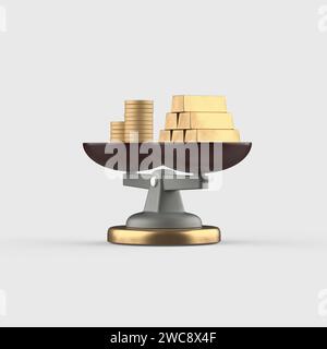 Scala icona oggetto 3d con pesatura di monete e barre d'oro Foto Stock