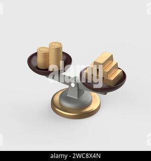 Scala icona oggetto 3d con pesatura di monete e barre d'oro Foto Stock