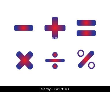 Simboli della calcolatrice aritmetica matematica. Più, meno, uguale, percentuale, moltiplicazione e divisione. Adesivo del logo dell'icona del pulsante isolato modificabile. Illustrazione Vettoriale