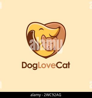 Cane che abbraccia il gatto con il logo del cartone animato a forma di cuore, il logo del migliore amico, il logo dell'amicizia del gatto cane Illustrazione Vettoriale
