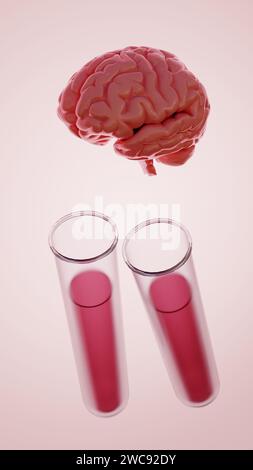 rendering 3d di un cervello umano e due provette riempite con un liquido trasparente, eventualmente contenente campioni di tessuto o fluido dal cervello. Foto Stock