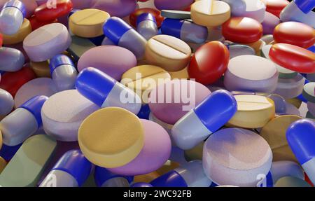 foto ravvicinata di una pila di pillole e capsule colorate. Le pillole sono di varie forme e dimensioni, rendering 3d. Foto Stock