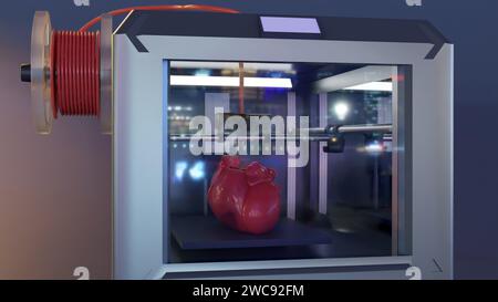 Rendering 3d di una stampante 3D che stampa un modello di cuore umano. Foto Stock