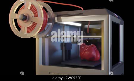 Rendering 3d di una stampante 3D che stampa un modello di cuore umano. Foto Stock