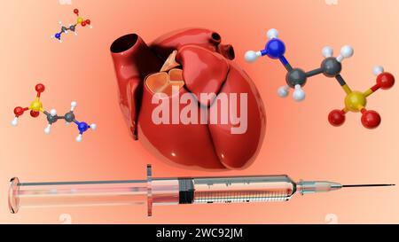 rendering 3d di acido 2-aminoetansulfonico o molecola di taurina, cuore umano e siringa medica Foto Stock