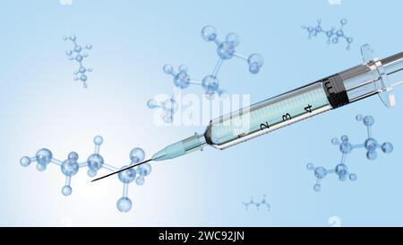 rendering 3d dell'acido 2-amminoetansulfonico o della molecola di taurina e della siringa medica Foto Stock