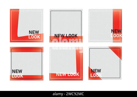 Set di semplici modelli di banner quadrati rossi modificabili per il marketing digitale sui social media. Opuscoli promozionali pubblicità commerciale di vendita del marchio. Illustrazione Vettoriale