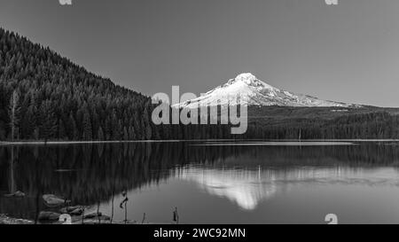 Vista innevata del monte Hood dal lago Trillium, Oregon, USA Foto Stock