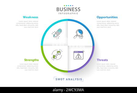 Diagramma SWOT per il business, stile moderno con punti di forza, debolezza, opportunità e minacce. Infografica sui vettori di presentazione. Illustrazione Vettoriale