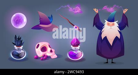 Mago con roba magica. Set vettoriale dei cartoni animati - vecchio personaggio stregone maschile in lungo mantello viola con incantesimo di colata della barba grigia, palla da indovina fantasy, pozione in bottiglia di vetro, bacchetta magica e cappello Illustrazione Vettoriale