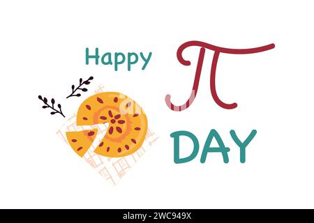 Biglietto per festeggiare il Pi Day con torta e simbolo pi. Illustrazione vettoriale isolata. Può essere utilizzato per banner o biglietti di auguri nazionali pi Day. Illustrazione Vettoriale