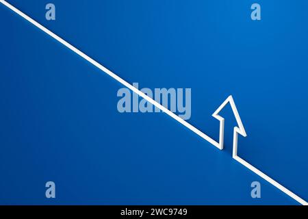 Linea isometrica della freccia bianca 3d su sfondo blu, concetto aziendale di obiettivi, rendering 3D. Foto Stock