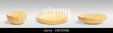 Podio in legno per esposizione prodotti - Set vettoriale realistico 3d di vari supporti con struttura in legno. Piedistallo naturale per dimostrazione di merci. Mockup di Illustrazione Vettoriale