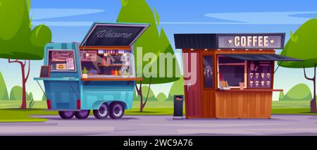 Bancarelle di Street food e drink nel parco estivo. Illustrazione di cartoni animati vettoriali di caffetteria e chiosco hamburger, cestino dei rifiuti nel giardino pubblico con prato verde A. Illustrazione Vettoriale