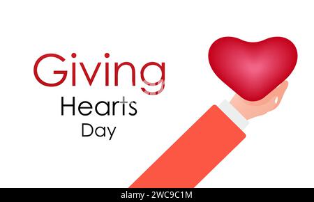 Il Giving Hearts Day viene celebrato ogni anno l'8 febbraio. Design di banner vettoriali, volantini, poster e modelli di social media. Illustrazione Vettoriale