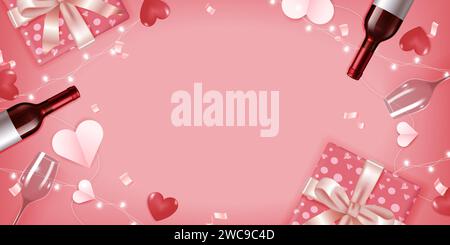 Modello banner vettoriale San Valentino. Buon giorno delle valentine saluto tipografico con elementi di san valentino di champagne, bicchiere di vino e omaggio vuoto Illustrazione Vettoriale