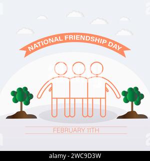 Festa nazionale dell'amicizia celebrata l'11 febbraio. Design di banner vettoriali, volantini, poster e modelli di social media. Illustrazione Vettoriale