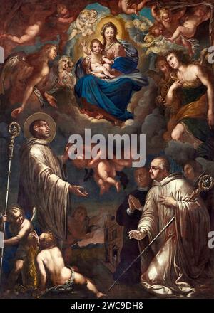 S.Bernardo e un abate cistercense venerano la Madonna col bambino in gloria fra gli angeli - olio su tela - pittore emiliano del XVII secolo - Fioren Foto Stock