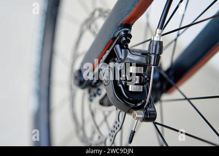 Parte dell'impianto frenante della bicicletta. Disco freno e pastiglie dei freni in metallo grigio sulla bici da strada, primo piano. Foto Stock