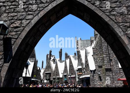 Ingresso all'affollato Hogsmeade Village presso il Wizarding World of Harry Potter negli Universal Studios Hollywood - Los Angeles, California Foto Stock