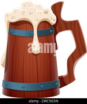 Tankard dei pirati dei cartoni animati, scolpito in legno, traboccante di birra schiumosa, con i suoi lati adornati da manico curvo e anelli in metallo. Tazza isolata vettoriale che racconta storie nautiche di alto mare e di audace avventura Illustrazione Vettoriale