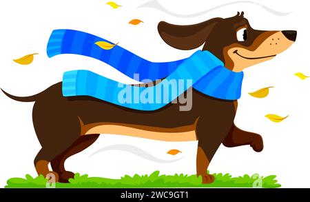 Personaggio del cucciolo di cane del dachshund dei cartoni animati avvolto in una sciarpa accogliente, frolics tra foglie autunnali, il suo spirito giocoso rispecchia i colori vivaci della stagione in una deliziosa e coinvolgente scena vettoriale Illustrazione Vettoriale