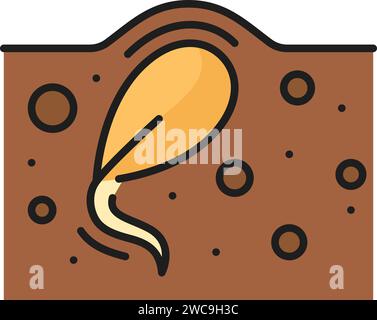 Germoglio di primavera di orticoltura, semi di piante agronomiche, icona lineare di piantine di terreno agricolo. Raccolta agricola, agronomia germinazione delle piantine pittogramma vettoriale a linee sottili con sementi che crescono nel terreno Illustrazione Vettoriale