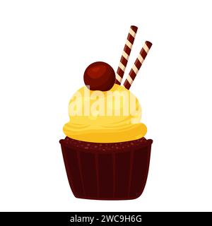 Cupcake al cioccolato con un tappo di crema. Illustrazione degli alimenti Illustrazione Vettoriale