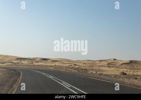 Una strada isolata si snoda attraverso un vasto paesaggio desertico Foto Stock